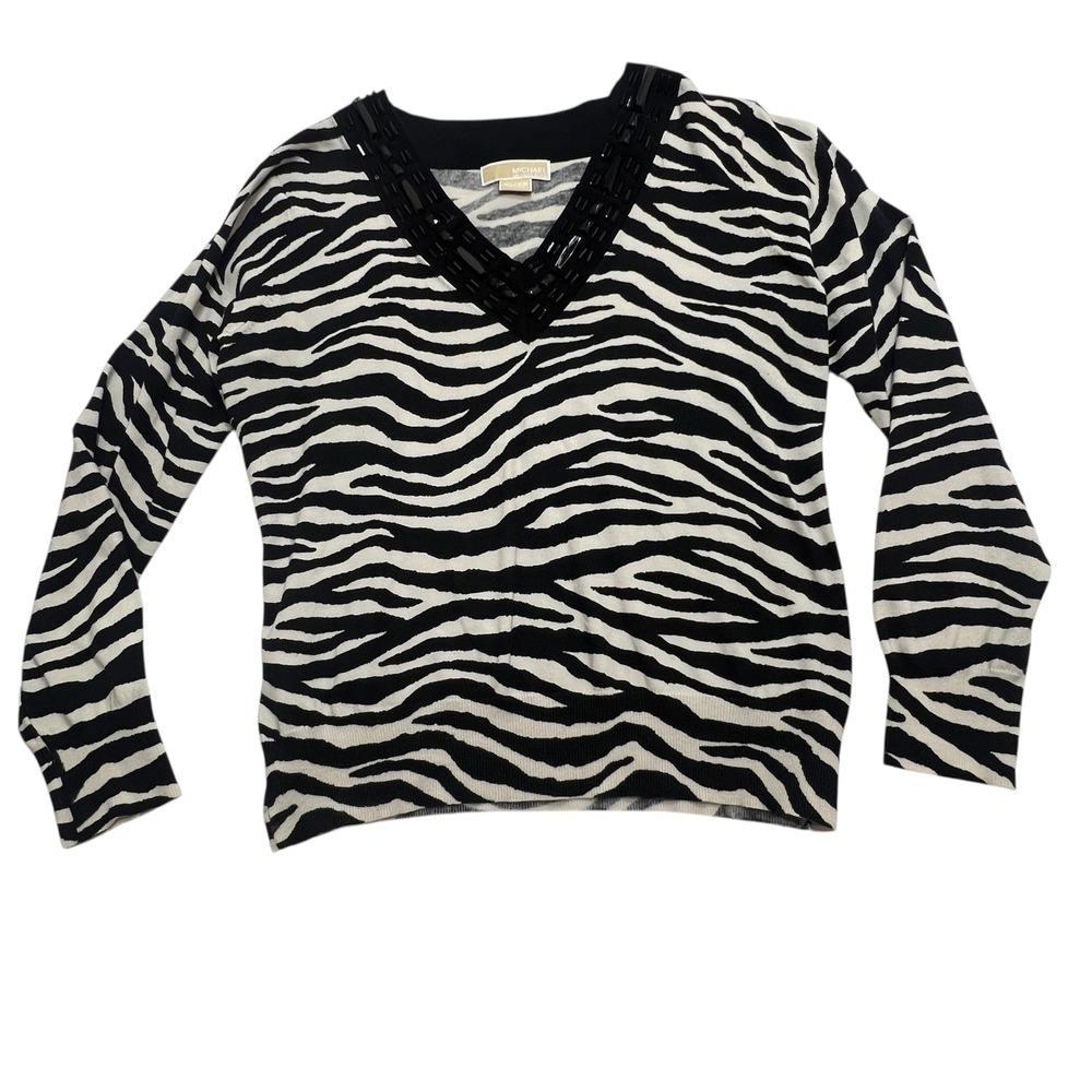 Michael Kors Womens XL Sweater Blouse Zebra Striped Print V-Neck Beaded‎ Top
